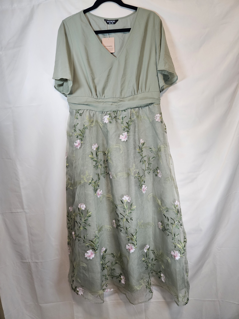BloomChic Sage Green Maxi Dress with Pink Floral Embroidery